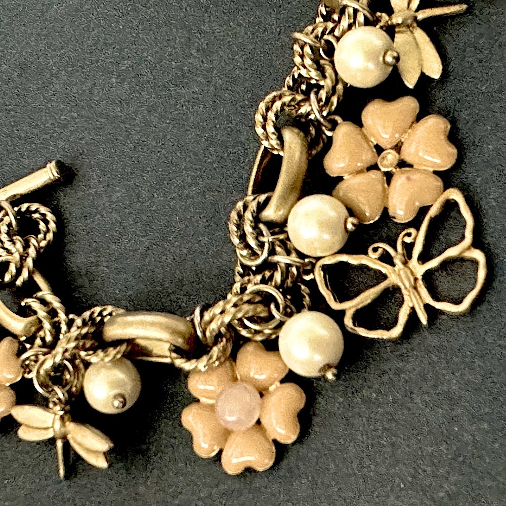 Butterfly & Dragonfly Charm Bracelet - Gold & Cream, pink flowers